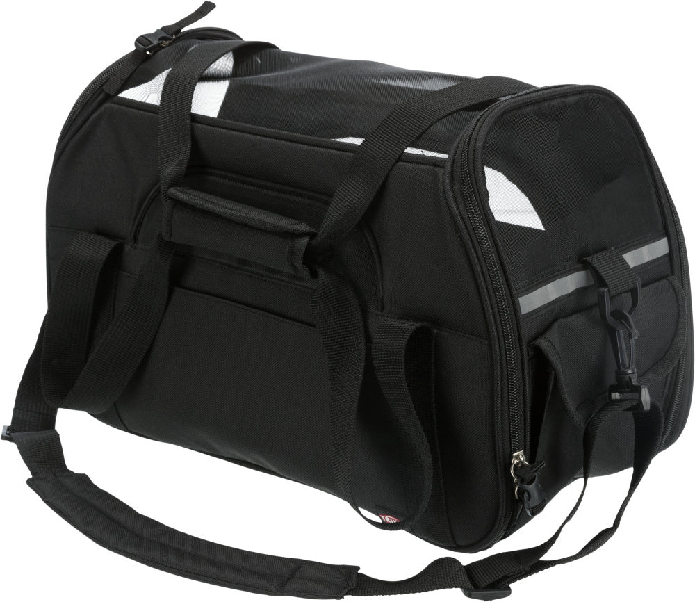 En sort rejsetaske med skulderrem, perfekt til insektbeskyttelse og Trixie Hundetaske "Madison" flere størrelser & farver Carrier.