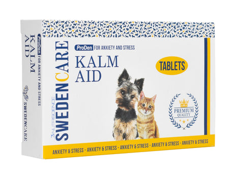 En æske med PRODEN KalmAid Tabletter til hunde og katte 30 stk, et beroligende hjælpemiddel til katte og hunde i stressede situationer.