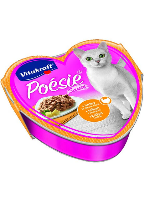 Poésie vådfoder i sauce til kat fra Vitakraft, i en hjerteformet dåse med kødfyldige, velsmagende og lækre bidder. Uden sukker.