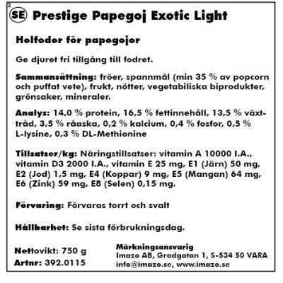 Et mærke til Papegøje/Parakit Exotic Light mix fra Versele-Laga, 750G og foderblanding, perfekt til prestigefyldt eksotisk lys.