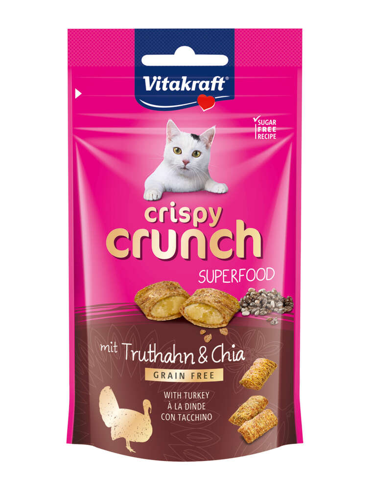 Vitakraft Kattegodbid med kalkun & chia, Crispy Crunch er en cremet fyld og sprød snack.