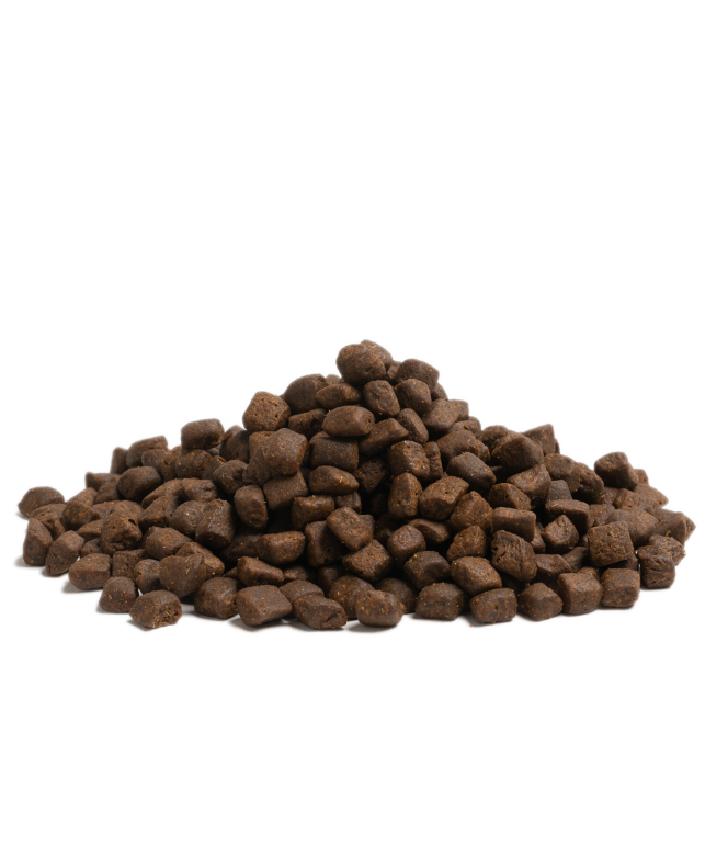 En bunke Essential Stamina, 3 kg kornfrit hundefoder til jagthunde eller undervægtige hunde på sort baggrund.