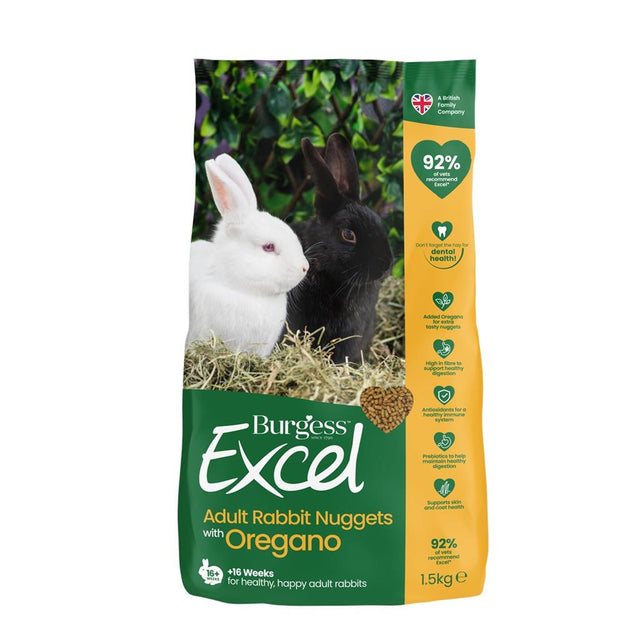 En pose Kaninfoder Burgess Excel kaninmad med to kaniner og mensen kaniner på.