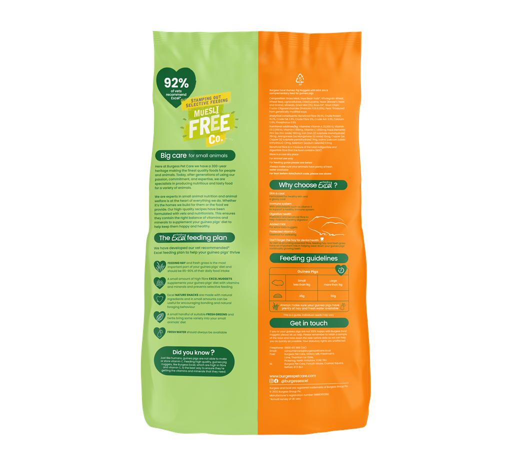 En pose Marsvinfoder Burgess Excel med en orange og grøn emballage, der indeholder næringsstoffer og fibre.