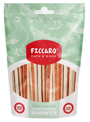 En glutenfri pose Hundegodbidder fra FICCARO, Kylling & Fisk sandwich til hunde.