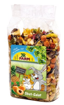 En pose JR FARM Frugtsalat til gnavere og kaniner, beriget med vitaminer til kæledyr.