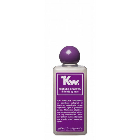 En flaske KW Minkolie shampoo, der forstærker pelsens naturlige struktur på en hvid baggrund.