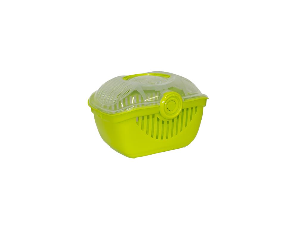 En grøn plastik Transportkasse til gnavere, TOP RUNNER med låg på hvid baggrund, perfekt til at transportere marsvin eller kaniner i en Top Runner.