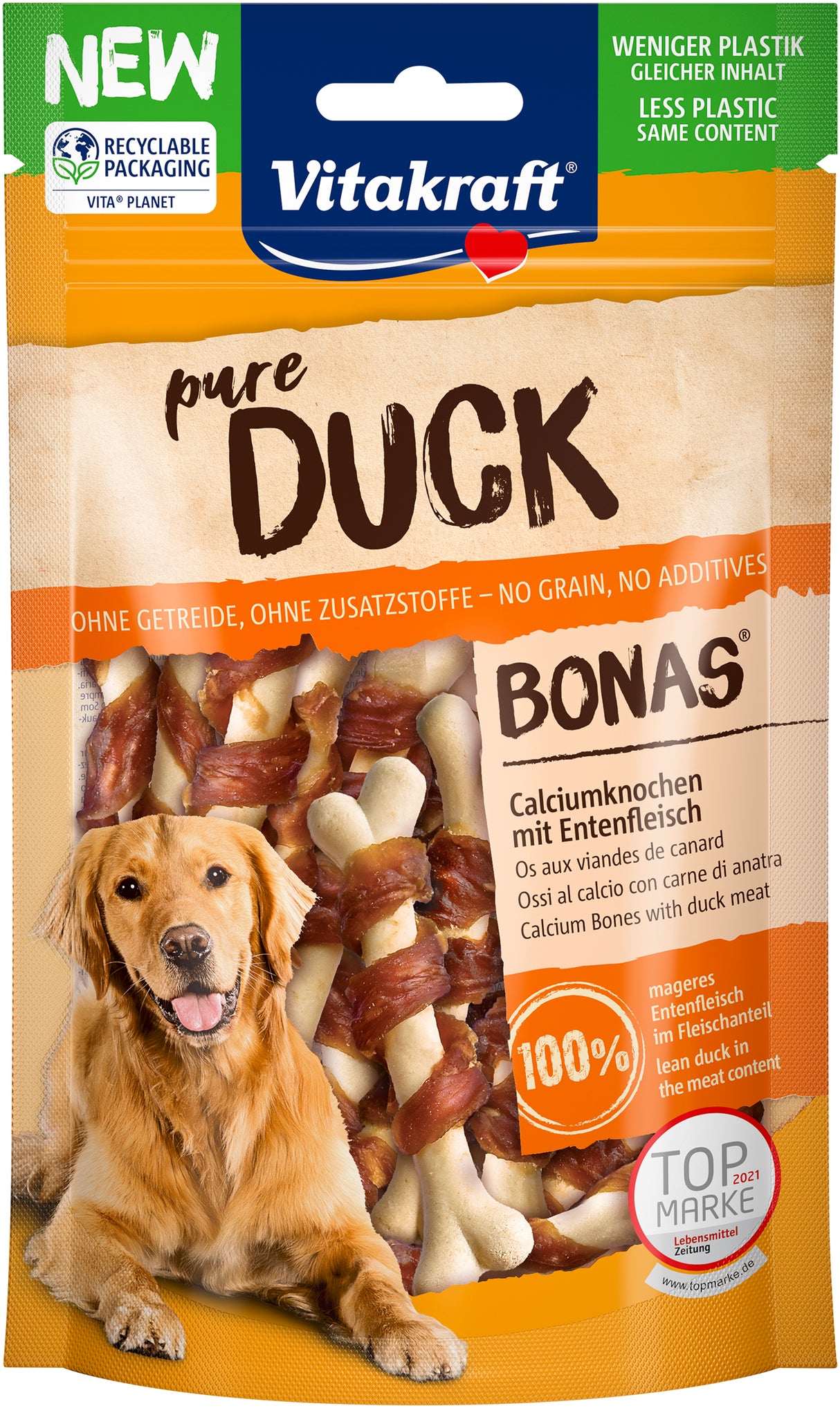 Vitakraft pure Duck Bonas - Calciumknogler med leje andekød, en nærende kødgodbid til hunde.