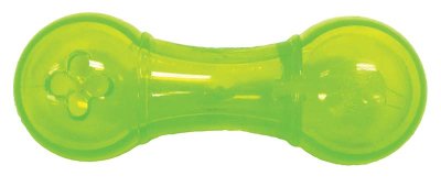 Beskrivelse: Et holdbart Starmark Hundelegetøj Slidstærkt, Squeakee (med piv) i grøn plastik med beskæftigelsesmuligheder.