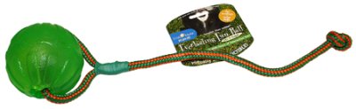 En Starmark Hundelegetøj Slidstærkt, Swing ´n Fling Chew Ball med et reb fastgjort til, designet til at lindre kedsomhed og give behandling til hunde.