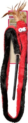 Et rødt og sort Kattelegetøj med sort hale, også kendt som Robust Drilleslange med fjer fra Kong på dansk.