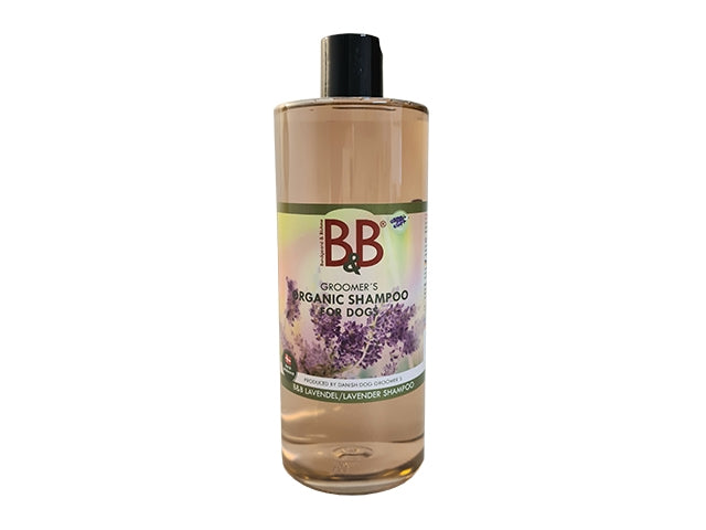 En flaske B&B økologisk hundeshampoo med Lavendel fra B&B Økologisk på hvid baggrund.