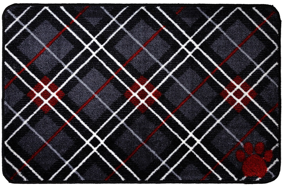 A Pet Rebellion måtte til hundeskålene, Tartan 40 x 60 cm, med et sort og rødt argyle mønster, med et poteprint design.