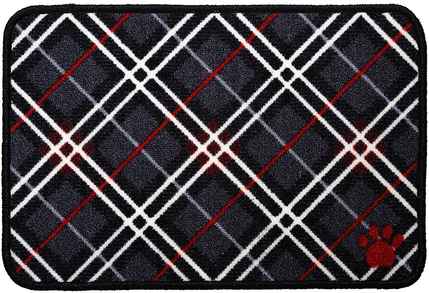 En Pet Rebellion Tartan 40 x 60 cm hundemåtte med poteprint på. Denne absorberende og skridsikre indgangsmåtte er perfekt til at holde dine gulve rene og tørre, samtidig med at den giver et stilfuldt touch.