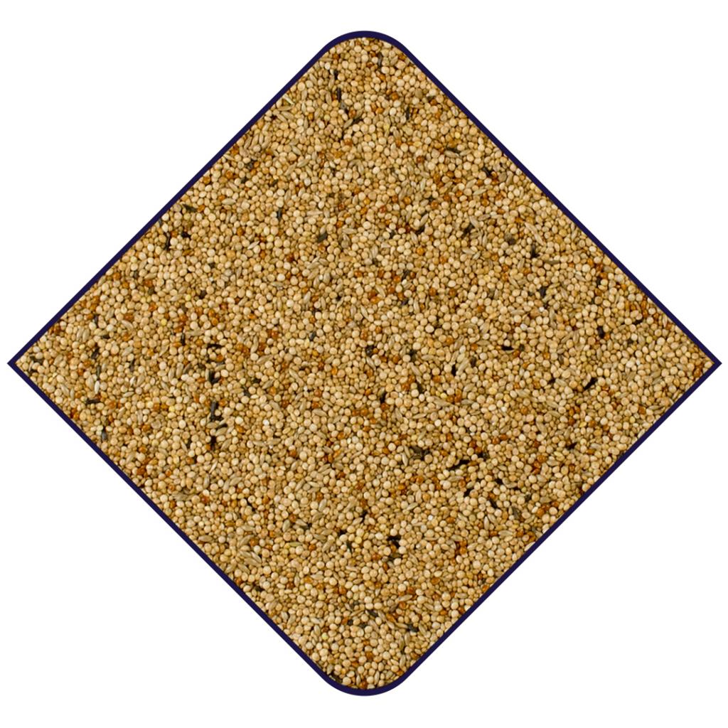 En firkant af Tropefoder til fugle, 20 kg granulat på hvid baggrund beriget med vitaminer og foderet lavet af Witte Molen.