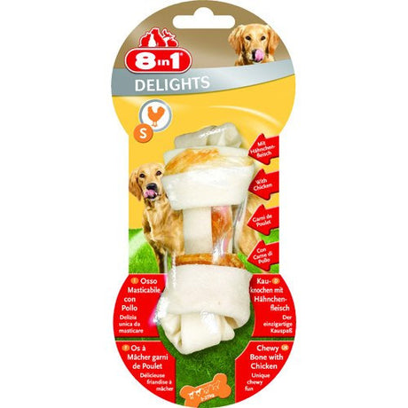 En pakke hundegodbidder med 8i1 Kødben med kylling hele vejen ind, perfekt til hunden der elsker tyggeben.