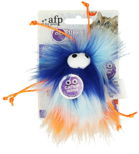Et lodnet legetøj til katte i blå og orange farver.
Produkt: Kattelegetøj, sjove pjuskede & farverige bolde
Mærke: afp