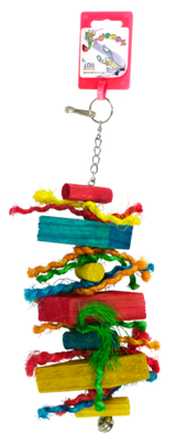 Et farverigt Parakit legetøj, farverig og sjovt 25 cm legetøj, der hænger i en kæde fra Birrdeez.