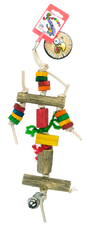 Et levende fuglelegetøj i træ med Fugle/parakit legetøj, farverig og med lædersnorer på, lavet af mærket Birrdeez.