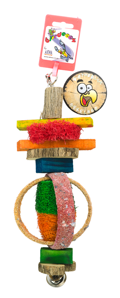 Birrdeez Parakit legetøj, farverig og sjov 26 cm fuglelegetøj med træklatring og sandstruktur, med et klistermærke på.