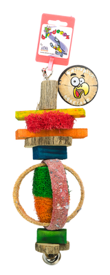 Birrdeez Parakit legetøj, farverig og sjov 26 cm fuglelegetøj med træklatring og sandstruktur, med et klistermærke på.