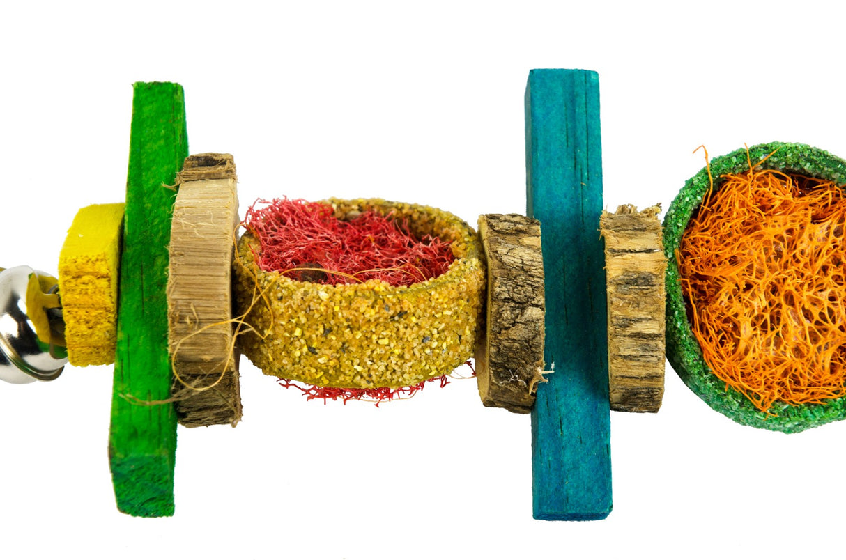 Ændret beskrivelse: Birrdeez Parakit legetøj, farverig og sjov 26 cm, en gruppe farverige træpinde med forskellig mad på, der viser det smukke sandstrukturmønster.
