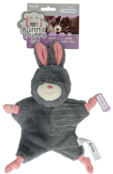 En grå og pink Bunny Puppy udstoppet legetøj lavet med plys og strikket stof.