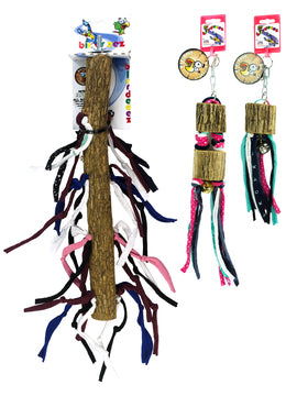 Et Birrdeez farverigt fuglelegetøj med kvaster og et par øreringe.
