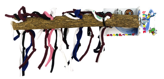 En Birrdeez-gren med en flok Fuglepind med snorer eller legetøj med snor- og klokkebånd hængende fra den.