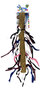 A Birrdeez Fuglepind med snorer eller legetøj med snor og klokke træpind med farverige bånd lavet af jerseystof.
