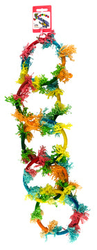 Et farverigt spirallegetøj med et mærke på, der fungerer som en karabinhætte, kaldet Fugle/parakit legetøj, farverige olympiske ringe fra Birrdeez.