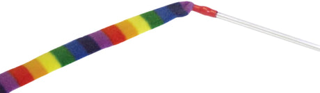 En amerikansk regnbuestribet pil med et træhåndtag designet som interaktivt kattelegetøj kaldet Cat Dancer, Drillepind i regnbuens farver.