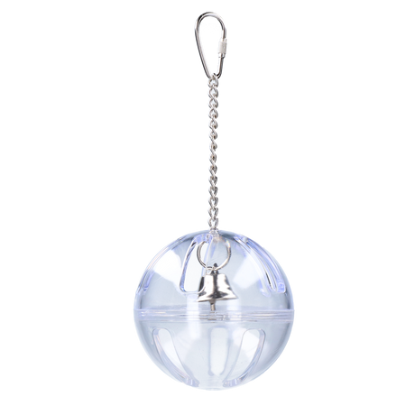 Et Feather World aktivitetslegetøj til hængebolde i klart glas til mellemstore og store fugle med en klokke og masser af plads til snacks.