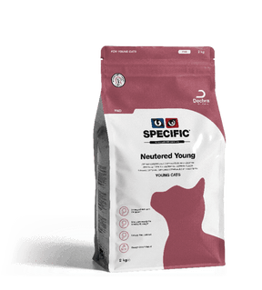 En pose Specific FND Neutered Young - killingefoder til neutraliseret killinger fra Specific 2kg med en pink pose.