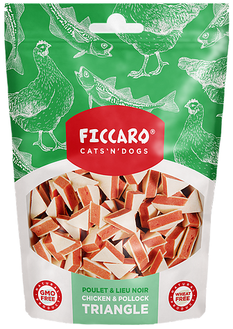 En pose Hundegodbidder fra FICCARO, bløde trekanter med kylling & fisk til hunde, proteinrig og med lavt fedtindhold.