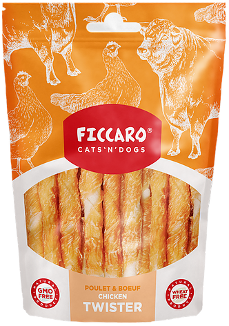 En pose glutenfri Hundegodbidder fra FICCARO Chicken Twister hundegodbidder med højt proteinindhold.