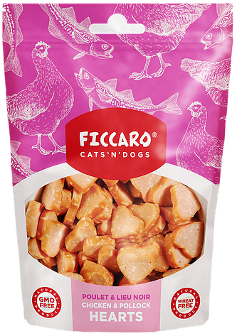 FICCARO kattegodbidder med kyllinge- og skinkehjerter, proteinrigt, glutenfrit.