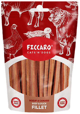 En pose fedtfattig, glutenfri Hundegodbidder fra FICCARO, okse & ande filet til hunde.