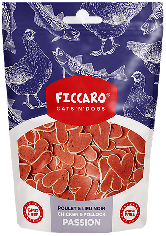 En pose glutenfri FICCARO katte- og hundegodbidder med højt proteinindhold.