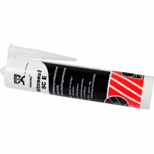 Et rør af Akvastabil hvid lim med rød og hvid stribe, brugt til glassamlinger. Produktnavnet er Silicone til akvarier og terrier.