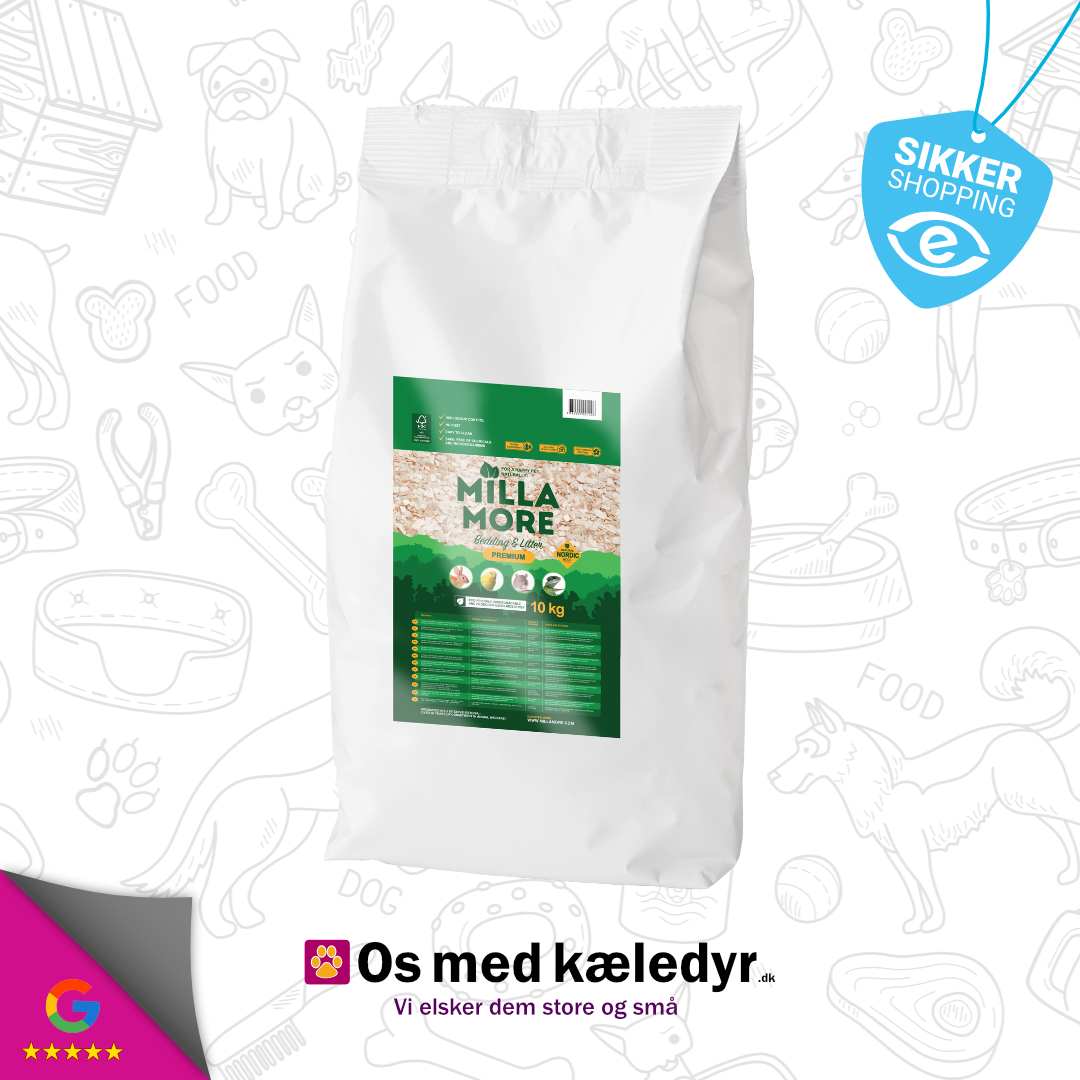 En pose Bøgeflis, MillaMoore premium 10kg kæledyr mad på strøelse baggrund.