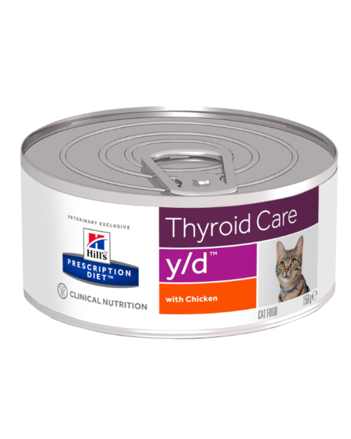 Hill's PRESCRIPTION DIET y/d vådfoder med Kylling, velegnet til katte med forhøjet stofskifte (hyperthyreoidisme). 24x156g