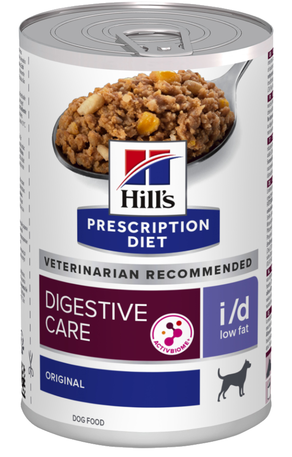 Hill's Prescription Diet Digestive Care vådfoder til hunde er en fedtfattig mulighed, der er specielt formuleret til at støtte din hunds fordøjelsessundhed. Produktnavnet ville være Hill's Prescription Diet i/d Low Fat vådfoder til hunde, og varemærket er Hills Prescription Diet.