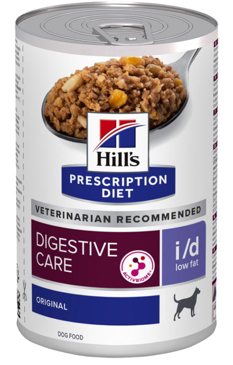 Hill's Prescription Diet Digestive Care vådfoder til hunde er en fedtfattig mulighed, der er specielt formuleret til at støtte din hunds fordøjelsessundhed. Produktnavnet ville være Hill's Prescription Diet i/d Low Fat vådfoder til hunde, og varemærket er Hills Prescription Diet.