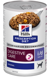 Hill's Prescription Diet Digestive Care vådfoder til hunde er en fedtfattig mulighed, der er specielt formuleret til at støtte din hunds fordøjelsessundhed. Produktnavnet ville være Hill's Prescription Diet i/d Low Fat vådfoder til hunde, og varemærket er Hills Prescription Diet.