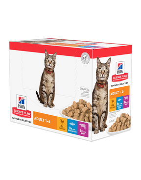 Hills vådfoder til katte med kylling, fisk og oksekød. Til voksne katte. Multipack