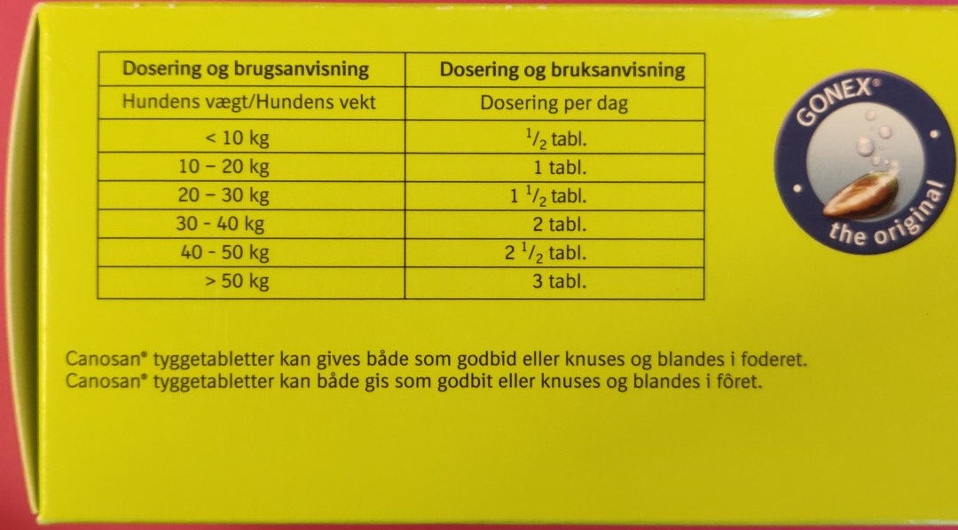 En gul æske med en gul etiket på, indeholdende Canosan TYGGETABLET TIL HUND 60STK og kosttilskud produkter.