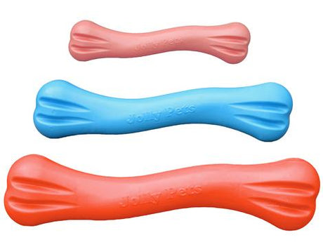 Tre Jolly Gummi Kødben - holdbart tyggelegetøj til hunde hundebenslegetøj på hvid baggrund.
