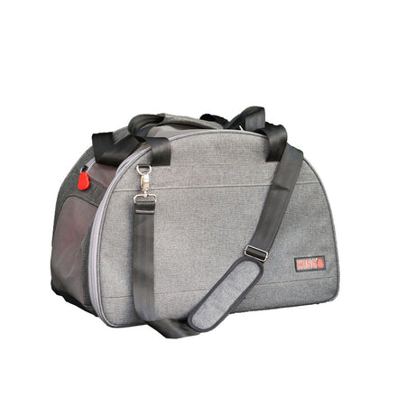 En grå og sort Kong duffeltaske med rem, der også kan bruges som rejsemåtte.